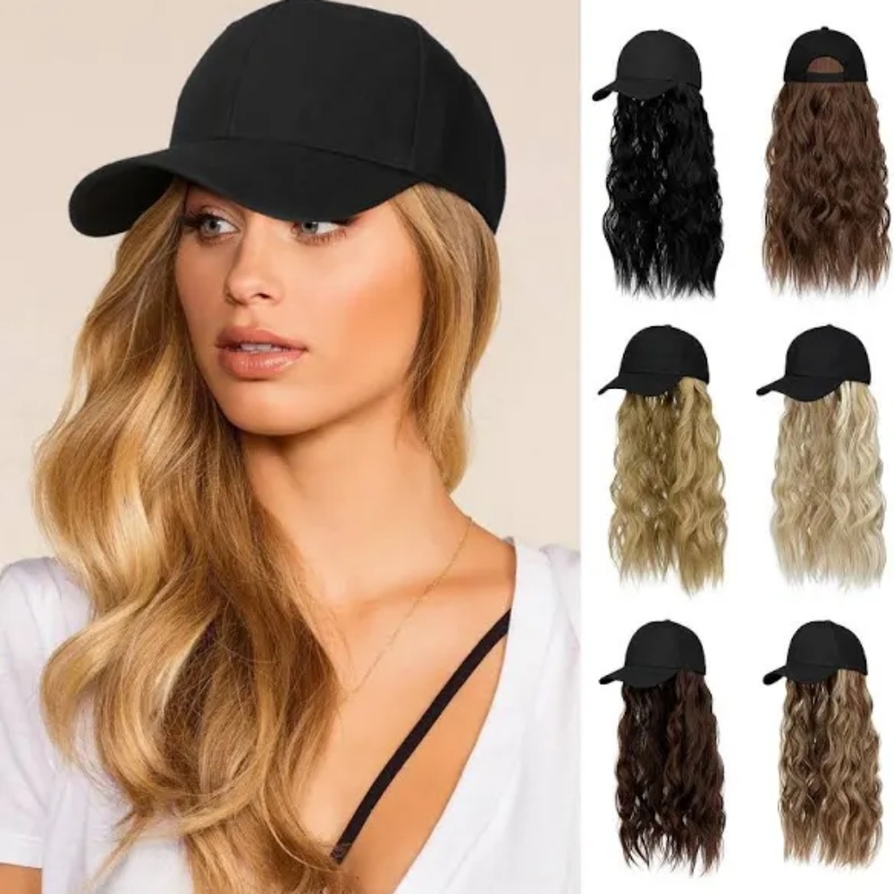 Black Baseball Cap with 24 in Long Wavy Hair Extensions